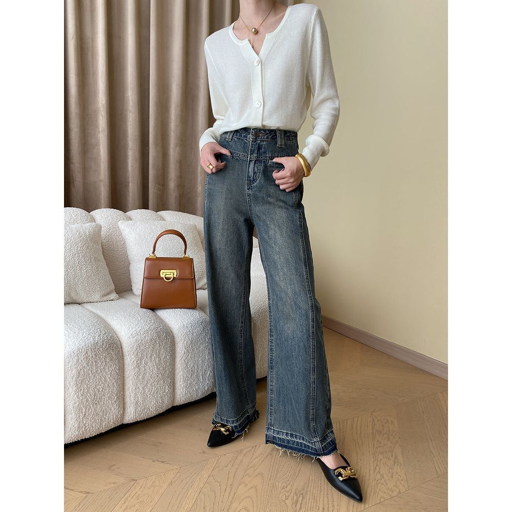 Commense Vintage-Inspired High-Waisted‎ Wide Leg Jeans with Raw Hem Detail XS/2